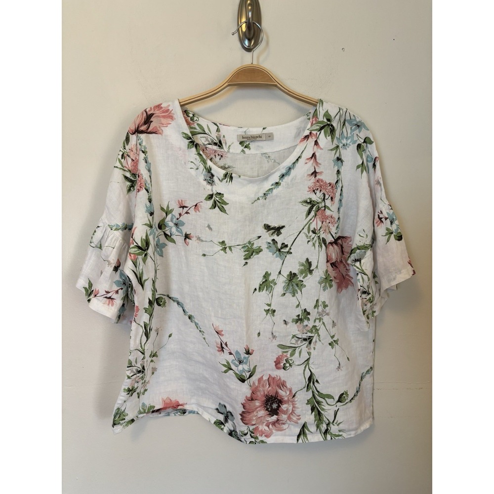 Laura Bianchi Italian 100% Linen White Floral Short Sleeve Shirt Blouse Small